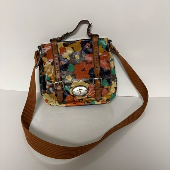 Fossil Multicolor Floral Coated Canvas Crossbody Bag Purse Top Handle and Strap - Picture 4 of 7